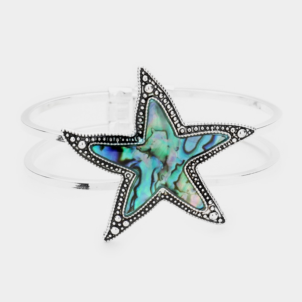 Abalone Silver Antique Style Star Cuff Hinged Bracelet Bangle